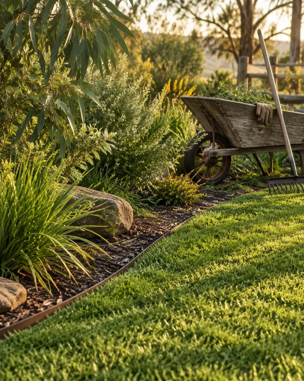 Tidy garden bed beside a freshly maintained lawn